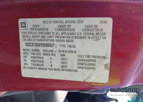 2000 Chevrolet S-10 Ls from USA, damaged, VIN 1GCCS1950Y8305927